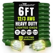 6ft Outdoor/Indoor Extension Cord 12/3 Gauge Extra Heavy Duty 3 Prong SJTW, Waterproof, Flexible Cold-Resistant Long Power Cord,125 Amp 1875W, Green by LifeSupplyUSA